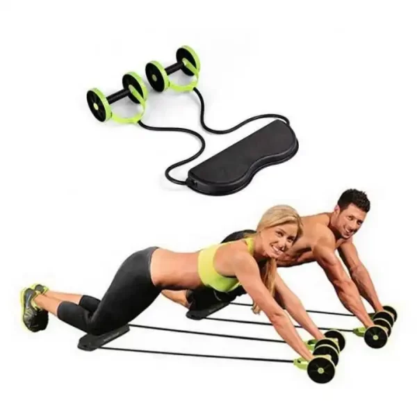 Aparat multifunctional pentru exercitii fitness, utilizabil de acasa, pentru bicepsi, muschi fesieri si abdomen, negru/ verde