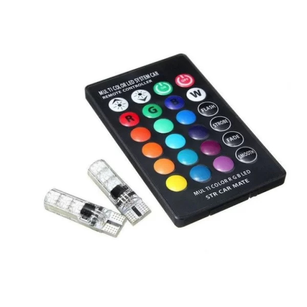 Set 2 Becuri T10 Pozitie Auto LED Multicolor RGB cu Telecomanda 6LED SMD - imagine 2