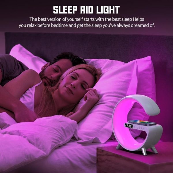 Lampa G RGB cu ceas cu alarma, lumina si sunet, difuzor Bluetooth si incarcator rapid wireless - imagine 4