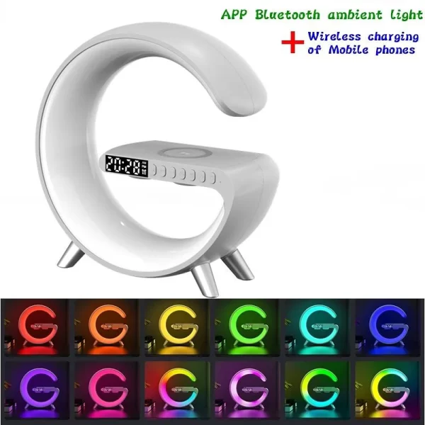 Lampa G RGB cu ceas cu alarma, lumina si sunet, difuzor Bluetooth si incarcator rapid wireless - imagine 5