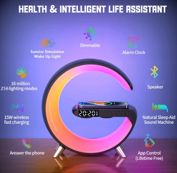 Lampa G RGB cu ceas cu alarma, lumina si sunet, difuzor Bluetooth si incarcator rapid wireless - imagine 3