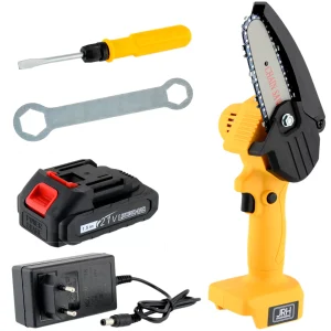 Mini Fierastrau cu Lant Electric Lama 17CM Portabil/ Drujba 1500mAh Acumulator Incarcator Trusa Transport Chei fixare Galben/Negru