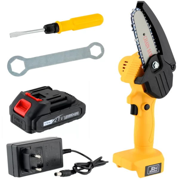 Mini Fierastrau cu Lant Electric Lama 17CM Portabil/ Drujba 1500mAh Acumulator Incarcator Trusa Transport Chei fixare Galben/Negru
