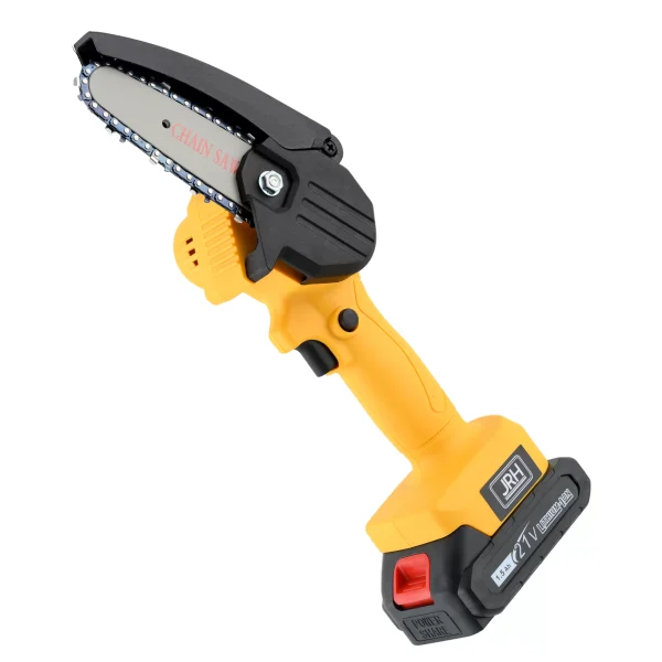 Mini Fierastrau cu Lant Electric Lama 17CM Portabil/ Drujba 1500mAh Acumulator Incarcator Trusa Transport Chei fixare Galben/Negru - imagine 2