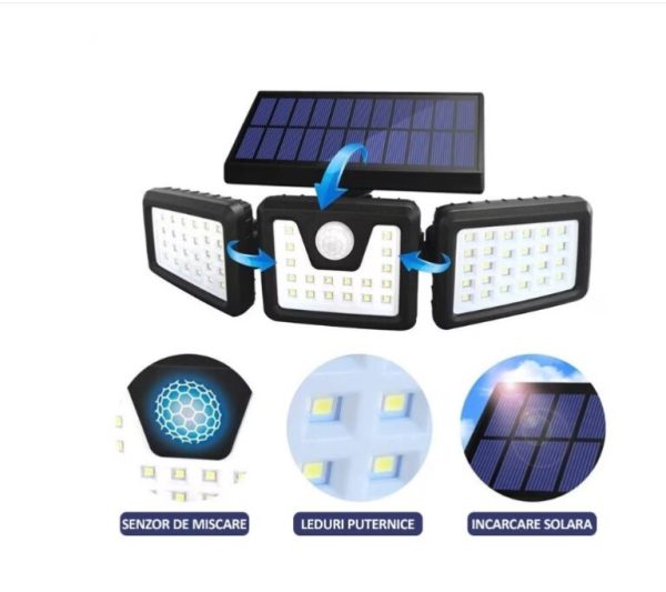 Lampă solară 74 LED-uri 15W, cu senzor de mișcare și de crepuscul . - imagine 3