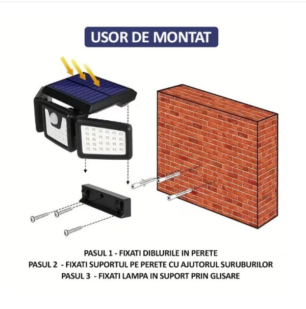 Lampă solară 74 LED-uri 15W, cu senzor de mișcare și de crepuscul . - imagine 5