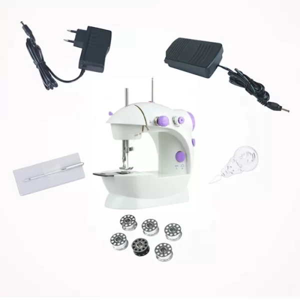Mini masina de cusut electrica portabila cu pedela si accesorii, alimentare 220V/4xAA, alb/mov - imagine 5