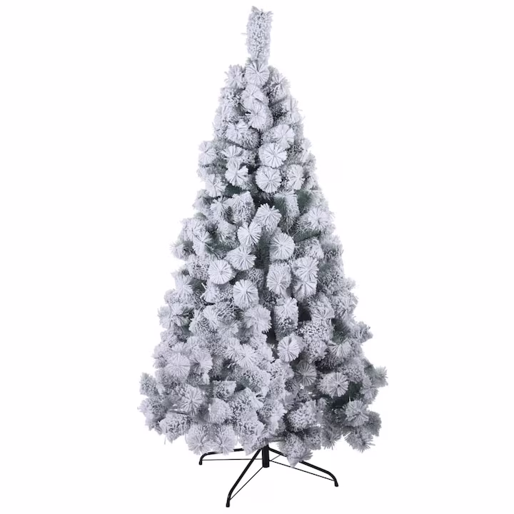 Brad de Craciun Artificial Nins, NEVERMORE, 150 cm, aspect natural, zapada, de lux, Suport Inclus, Alb
