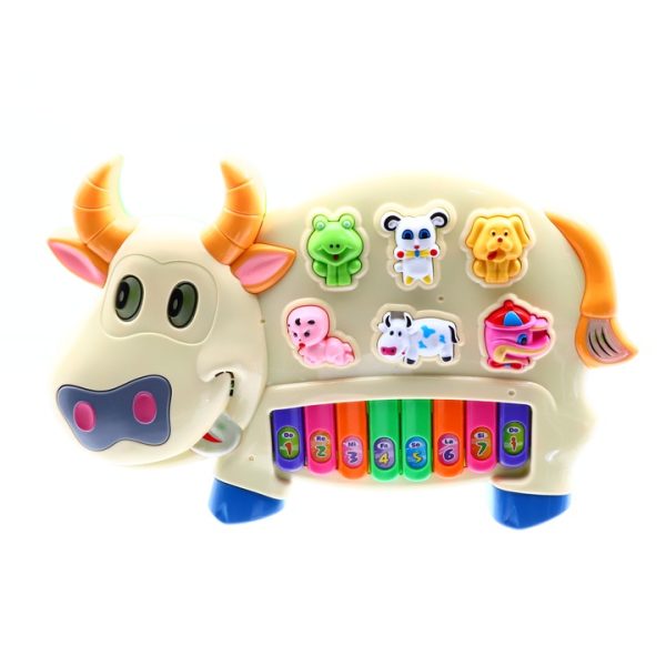 Jucarie interactiva tip pian, Sunete animale si note muzicale, Lumini, 8 Clape, 6 sunete distincte, Crem