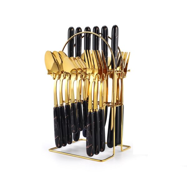 Set tacamuri din inox 24 piese, cu suport, negru gold