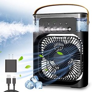 Ventilator portabil 3 în 1 cu pulverizare: racorire, umidificare și iluminare in 7 culori