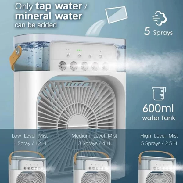 Ventilator portabil 3 în 1 cu pulverizare: racorire, umidificare și iluminare in 7 culori - imagine 10