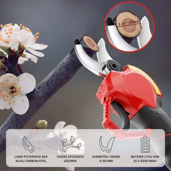 Foarfeca electrica crengi profesionala cu 2 acumulatori 21 V 2000 mAh, diametru taiere 30 mm - imagine 2