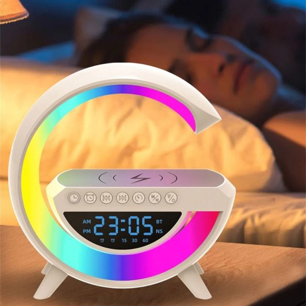 Lampa LED Birou RGB cu incarcare Wireless, Bluetooth, Ceas, Alarma si USB - imagine 11
