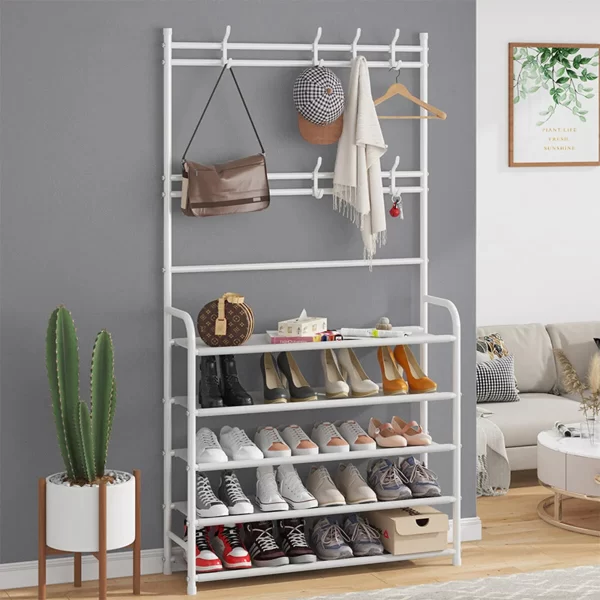 Cuier si pantofar 2 in 1, 8 agatatori, 5 rafturi, 60x26.5x171 cm, negru, pentru organizarea pantofilor si a hainelor, JOZY® - imagine 7