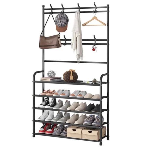 Cuier si pantofar 2 in 1, 8 agatatori, 5 rafturi, 60x26.5x171 cm, negru, pentru organizarea pantofilor si a hainelor, JOZY® - imagine 9