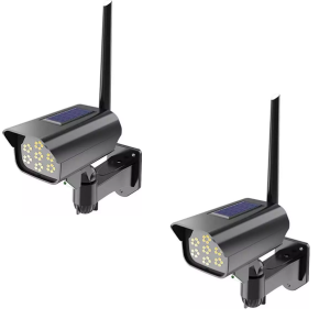 1 + 1 GRATIS - Lampa SolaraTip Camera Falsa, 35 LED-uri, Senzor Detectie Miscare, Telecomanda Inclusa, Panou Solar, Negru