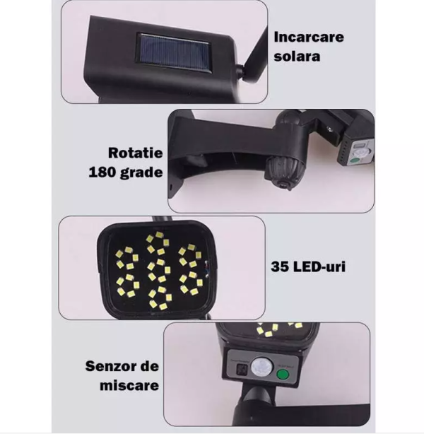 1 + 1 GRATIS - Lampa SolaraTip Camera Falsa, 35 LED-uri, Senzor Detectie Miscare, Telecomanda Inclusa, Panou Solar, Negru - imagine 4
