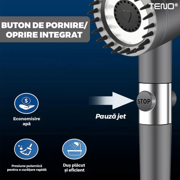 Para de Dus Teno®, 6 filtre extra, buton On/Off, presiune ajustabila, filtrare apa, jet uniform, zimti de silicon pentru curatare, gri - imagine 5
