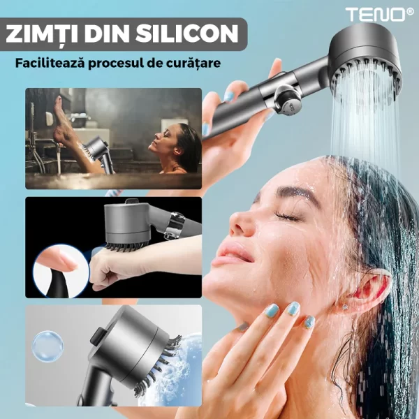 Para de Dus Teno®, 6 filtre extra, buton On/Off, presiune ajustabila, filtrare apa, jet uniform, zimti de silicon pentru curatare, gri - imagine 7