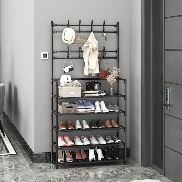 Cuier si pantofar 2 in 1, 8 agatatori, 5 rafturi, 60x26.5x171 cm, negru, pentru organizarea pantofilor si a hainelor, JOZY® - imagine 5