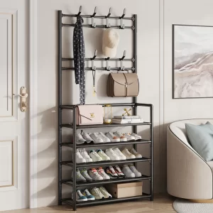 Cuier si pantofar 2 in 1, 8 agatatori, 5 rafturi, 60x26.5x171 cm, negru, pentru organizarea pantofilor si a hainelor, JOZY®