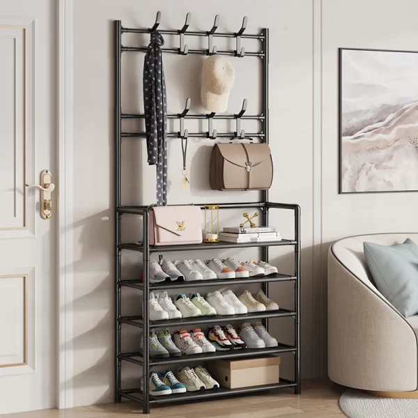 Cuier si pantofar 2 in 1, 8 agatatori, 5 rafturi, 60x26.5x171 cm, negru, pentru organizarea pantofilor si a hainelor, JOZY®