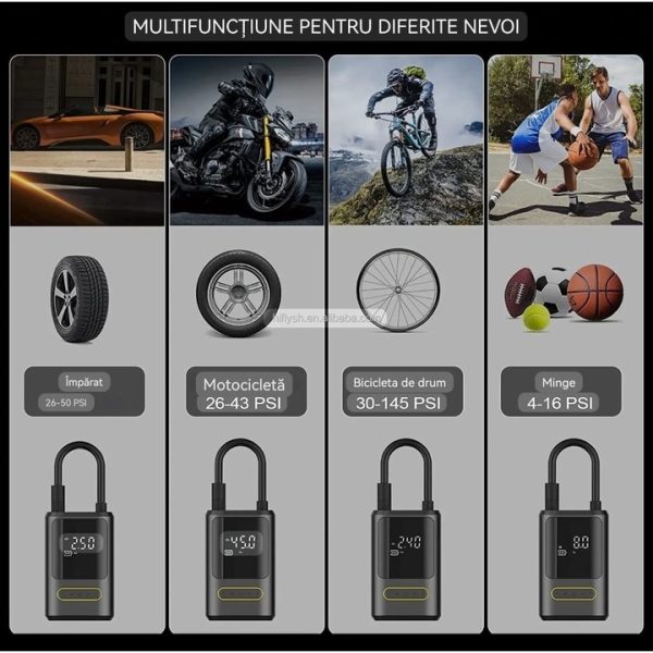 Pompa aer electrica auto minge bicicleta, afisaj digital LCD, Lanterna LED, Portabila, Reincarcare USB C, baterie 4000 mAh, Manometru digital, 10.3 bar, Negru - imagine 5