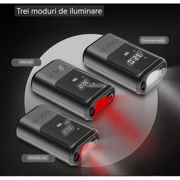 Pompa aer electrica auto minge bicicleta, afisaj digital LCD, Lanterna LED, Portabila, Reincarcare USB C, baterie 4000 mAh, Manometru digital, 10.3 bar, Negru - imagine 2