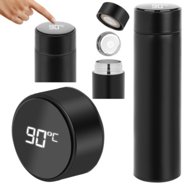 Termos smart cu afisaj led, indicator temperatura, 500 ml, negru, otel inoxidabil