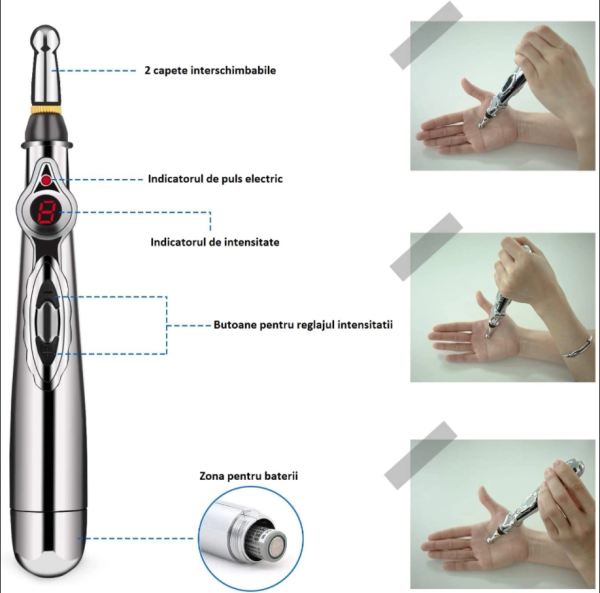 Stilou electric pentru Masaj, Electrostimulare, Acupunctura fara ace, 9 Viteze, 3 Capete - imagine 10