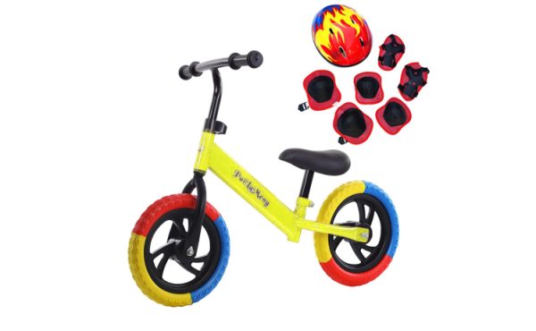 Bicicleta echilibru fara pedale, 2-5 ani, galben, roti in 3 culori, echipament