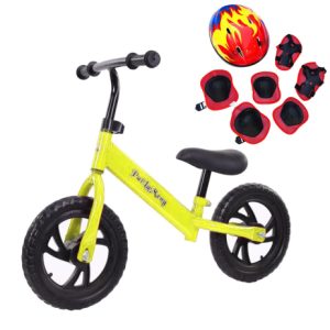 Bicicleta pentru incepatori cu echipament protectie, fara pedale, pentru copii intre 2 - 5 ani, galbena