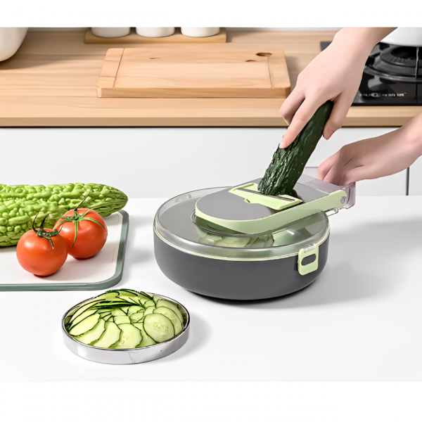 Razatoare multifunctionala pentru legume, cu accesorii pentru diferite tipuri de feliere, Verde/Gri, 29.5 x 22 x 9 cm - imagine 5