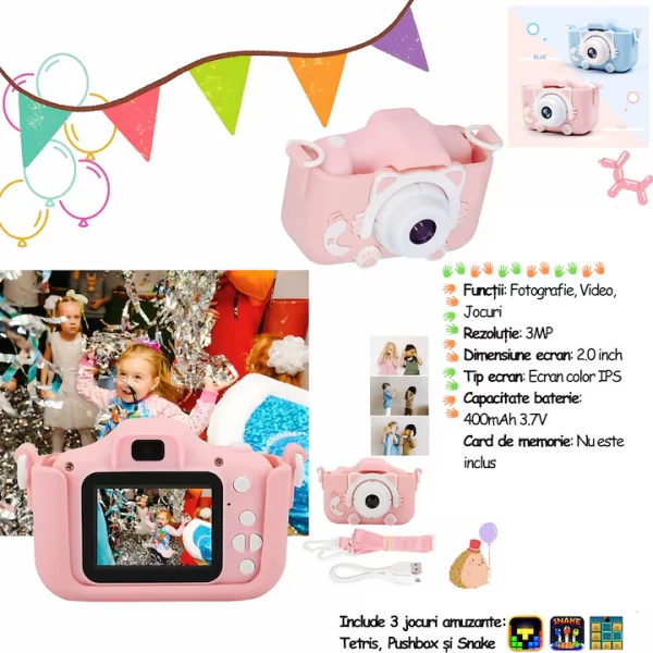 Camera foto copii, 4GB SD card 1080P HD, 23 milioane pixeli, 2.0 inch, 600 mAh, WaltStore®, 3 ani+, Roz - imagine 3