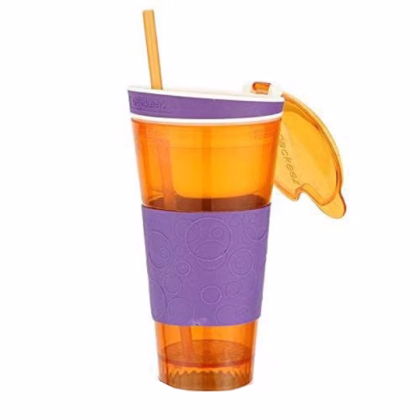 Pahar Snacks Cup 2 in 1, cu capac si pai, portocaliu, 500 ml - imagine 2