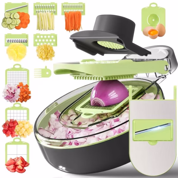 Razatoare multifunctionala pentru legume, cu accesorii pentru diferite tipuri de feliere, Verde/Gri, 29.5 x 22 x 9 cm