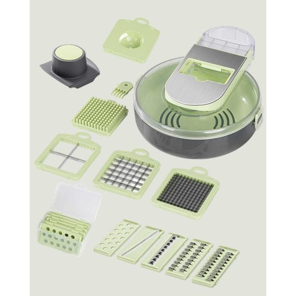 Razatoare multifunctionala pentru legume, cu accesorii pentru diferite tipuri de feliere, Verde/Gri, 29.5 x 22 x 9 cm - imagine 8