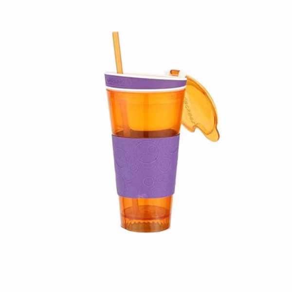 Pahar Snacks Cup 2 in 1, cu capac si pai, portocaliu, 500 ml - imagine 3
