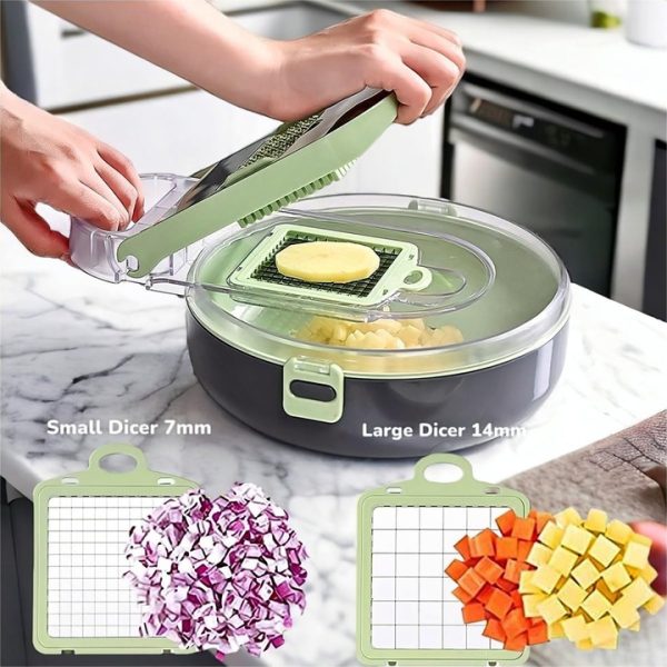 Razatoare multifunctionala pentru legume, cu accesorii pentru diferite tipuri de feliere, Verde/Gri, 29.5 x 22 x 9 cm - imagine 10