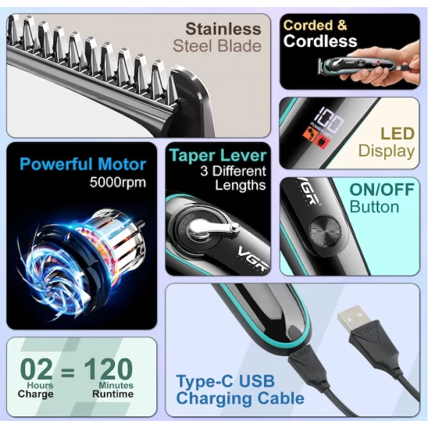 Aparat de tuns reincarcabil V075, USB, 600mAh, accesorii incluse - imagine 11