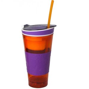 Pahar Snacks Cup 2 in 1, cu capac si pai, portocaliu, 500 ml