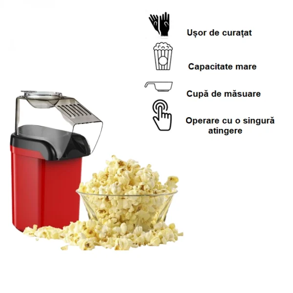 Aparat cu Aer Cald de facut Popcorn, AT PERFORMANCE®, Gata in max. 3 min, 1200W, Recipient dozator Boabe, Rosu. - imagine 3