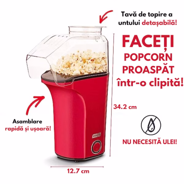 Aparat cu Aer Cald de facut Popcorn, AT PERFORMANCE®, Gata in max. 3 min, 1200W, Recipient dozator Boabe, Rosu. - imagine 8