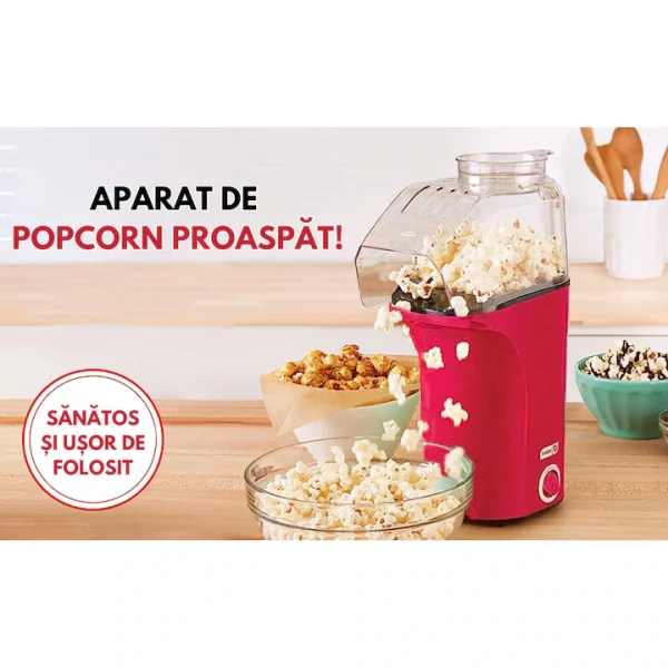 Aparat cu Aer Cald de facut Popcorn, AT PERFORMANCE®, Gata in max. 3 min, 1200W, Recipient dozator Boabe, Rosu. - imagine 9