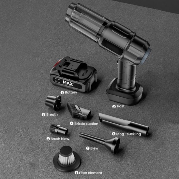 Aspirator Auto 6 in 1, pentru Casa, Masina, Calculator, Birou, Putere 100W, Eficienta Mare, Functii de Aspirare, Suflare, Vidare, Filtru HEPA, Perie Detailing, Negru - imagine 8