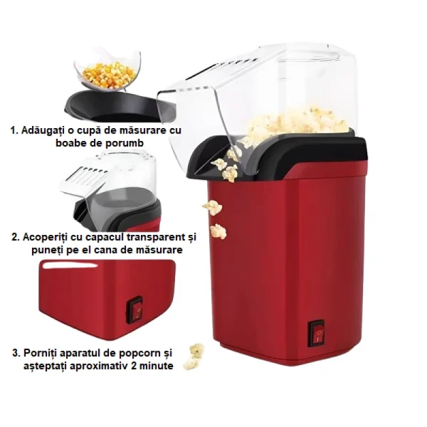 Aparat cu Aer Cald de facut Popcorn, AT PERFORMANCE®, Gata in max. 3 min, 1200W, Recipient dozator Boabe, Rosu. - imagine 6