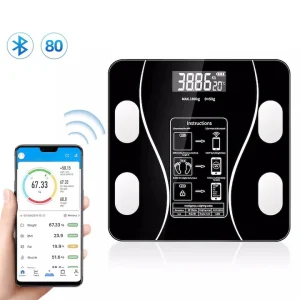 Cantar de Baie Corporal Smart Digital, Conectare Bluetooth, Afisaj LCD, Greutate Maxima 180 KG, Indice de Masa Corporala, Negru