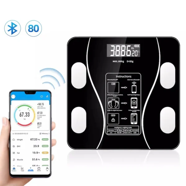Cantar de Baie Corporal Smart Digital, Conectare Bluetooth, Afisaj LCD, Greutate Maxima 180 KG, Indice de Masa Corporala, Negru