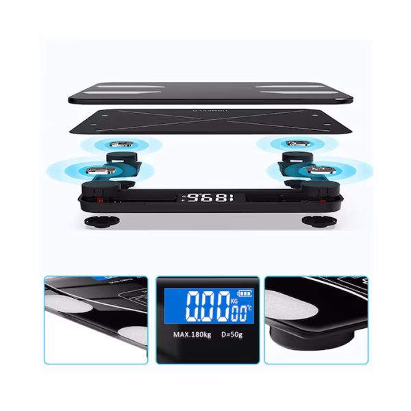 Cantar de Baie Corporal Smart Digital, Conectare Bluetooth, Afisaj LCD, Greutate Maxima 180 KG, Indice de Masa Corporala, Negru - imagine 4